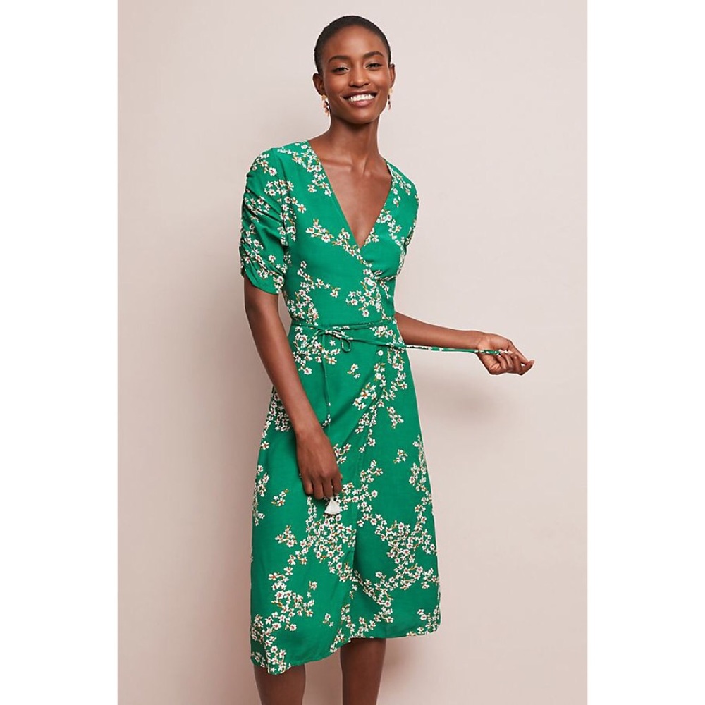 Anthropologie green floral print wrap dress NWT